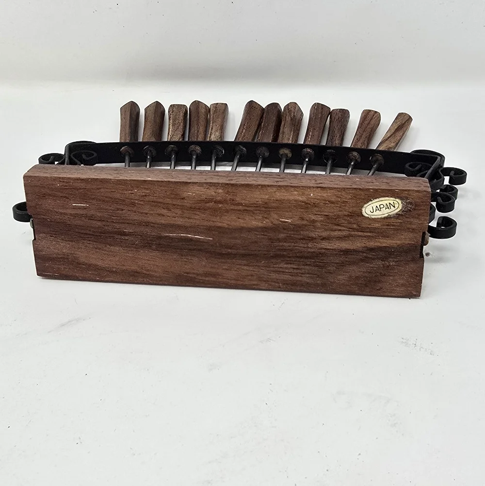 Vtg MCM 12 rosewood‎ handle appetizer cheese cocktail forks picks w/stand Japan